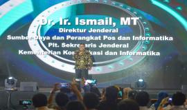Dirjen SDPPI Ismail memberikan sambutan sekaligus membuka acara secara resmi dalam kegiatan Launching Inovasi dan Penganugerahan Apresiasi Mitra Inovasi SDPPI 2018 (26/11).