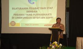 Sambutan Sesditjen SDPPI yang menyampaikan apresiasi atas dedikasi dari pegawai purnabhakti.