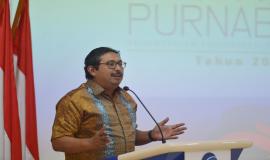 Plt. Sekretaris Jenderal Kemkominfo Ismail memberikan sambutan pada acara Pelepasan Purnabakti Kominfo (28/12).