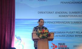 Sambutan oleh Menteri Perhubungan Budi Karya Sumadi atas kerjasama yang dilakukan oleh Ditjen SDPPI (Kemkominfo) dan BPSDM (Kemenhub) di Auditorium Adhiyana, Wisma Antara (14/1).