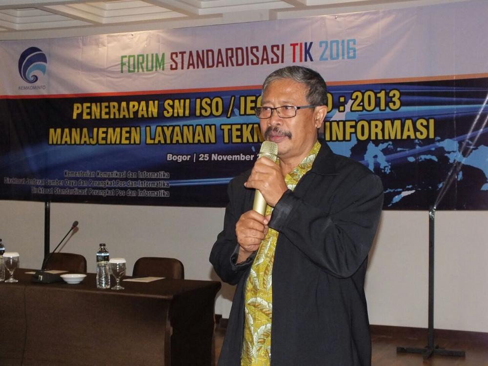 Ilustrasi: Direktorat Standardisasi Perangkat Pos dan Informatika Ditjen SDPPI, Bambang Suseno membuka  Forum Standardisasi Teknologi Informasi dan Komunikasi bertema “Penerapan SNI ISO/IEC 20000: 2013 Manajemen Layanan Teknologi Informasi di Hotel Royal Padjajaran Bogor, Jawa Barat  (25/11)