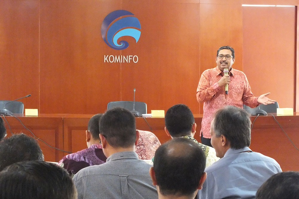 Dirjen SDPPI Ismail memberikan sambutan dalam Workshop IoT di Gedung Menara Merdeka, Jakarta, Selasa (21/8/2018).