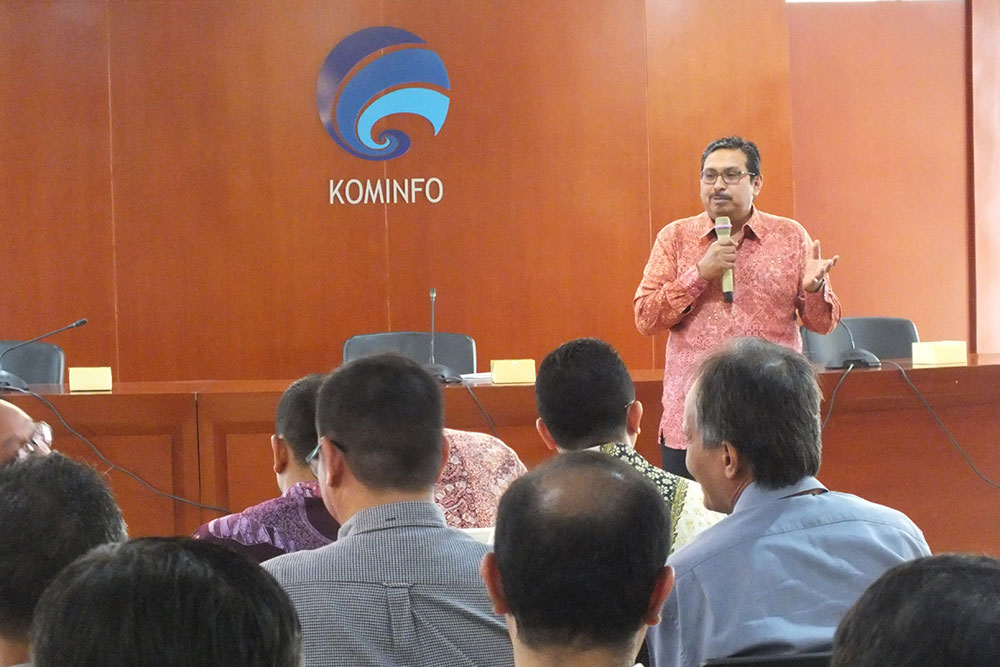 Dirjen SDPPI Ismail dalam Workshop Internet of Things di Kementerian Komunikasi dan Informatika, Gedung Menara Merdeka, Jakarta, Selasa (21/8/2018).