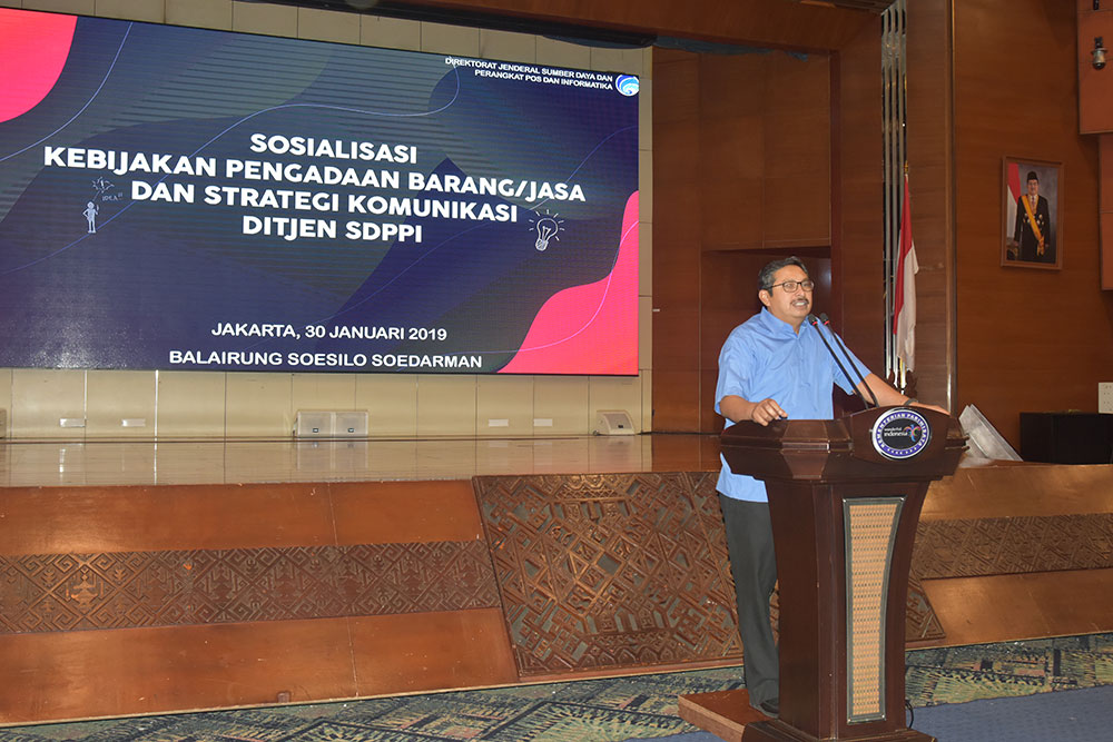 Dirjen SDPPI Ismail pada Sosialisasi Kebijakan Pengadaan Barang/Jasa dan Strategi Komunikasi Ditjen SDPPI di Balairung Soesilo Soedarman, Gedung Sapta Pesona, Jakarta, Rabu (30/1/2019).
