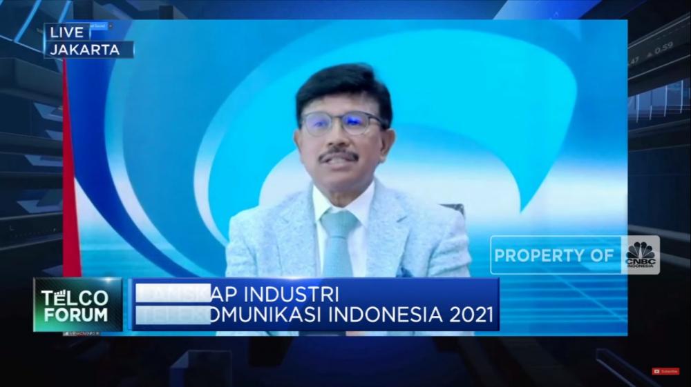 Menteri Komunikasi dan Informatika Johnny G Plate menjadi pembicara pada  seminar daring CNBC Indonesia bertajuk  Telco Forum 2021: 5G Masa Depan Komunikasi RI, Rabu (28/4/2021)