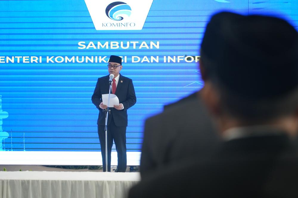 Menkominfo Budi Arie Setiadimemberi sambutan dalam acara Pelantikan Kembali 10 Pimpinan Tinggi Madya di lingkungan Kementerian Komunikasi dan Informatika, Rabu (2/08/2023).
